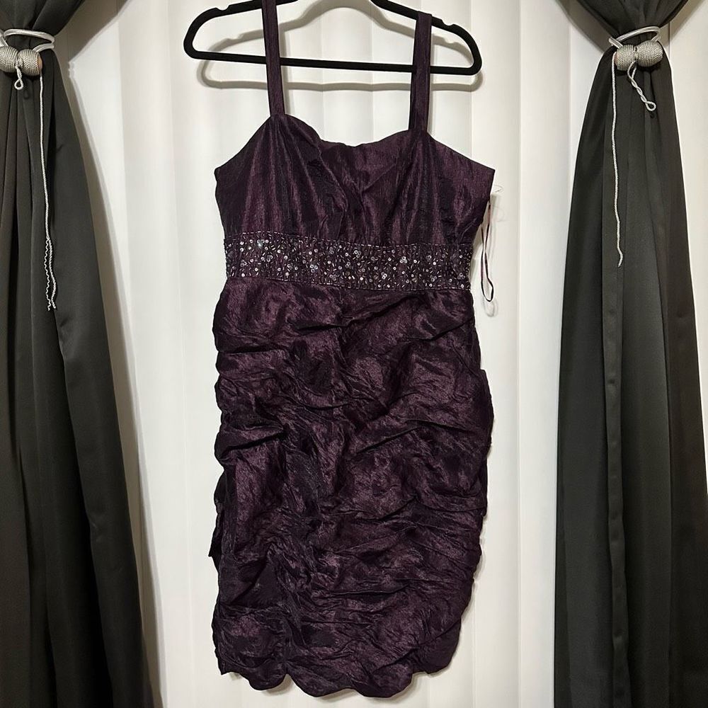 R&M Richard purple/plum shrug-rushed dress, past knee dress, sequence detailing,